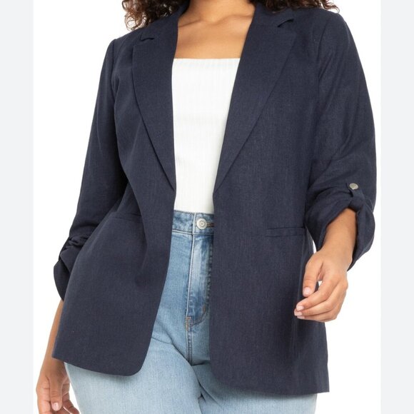 Eloquii blue linen blend blazer open front 3/4 sleeve size 26 F4 - Picture 1 of 5